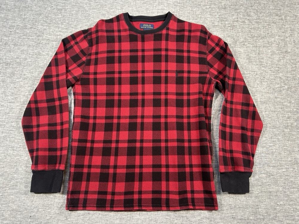 Polo Ralph Lauren Thermal Shirt Mens Medium Red Black Plaid Long Sleeve Crew